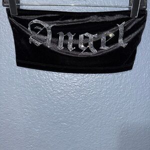 SHEIN Black Velvet Rhinestone 'Angel' Strapless Crop Top